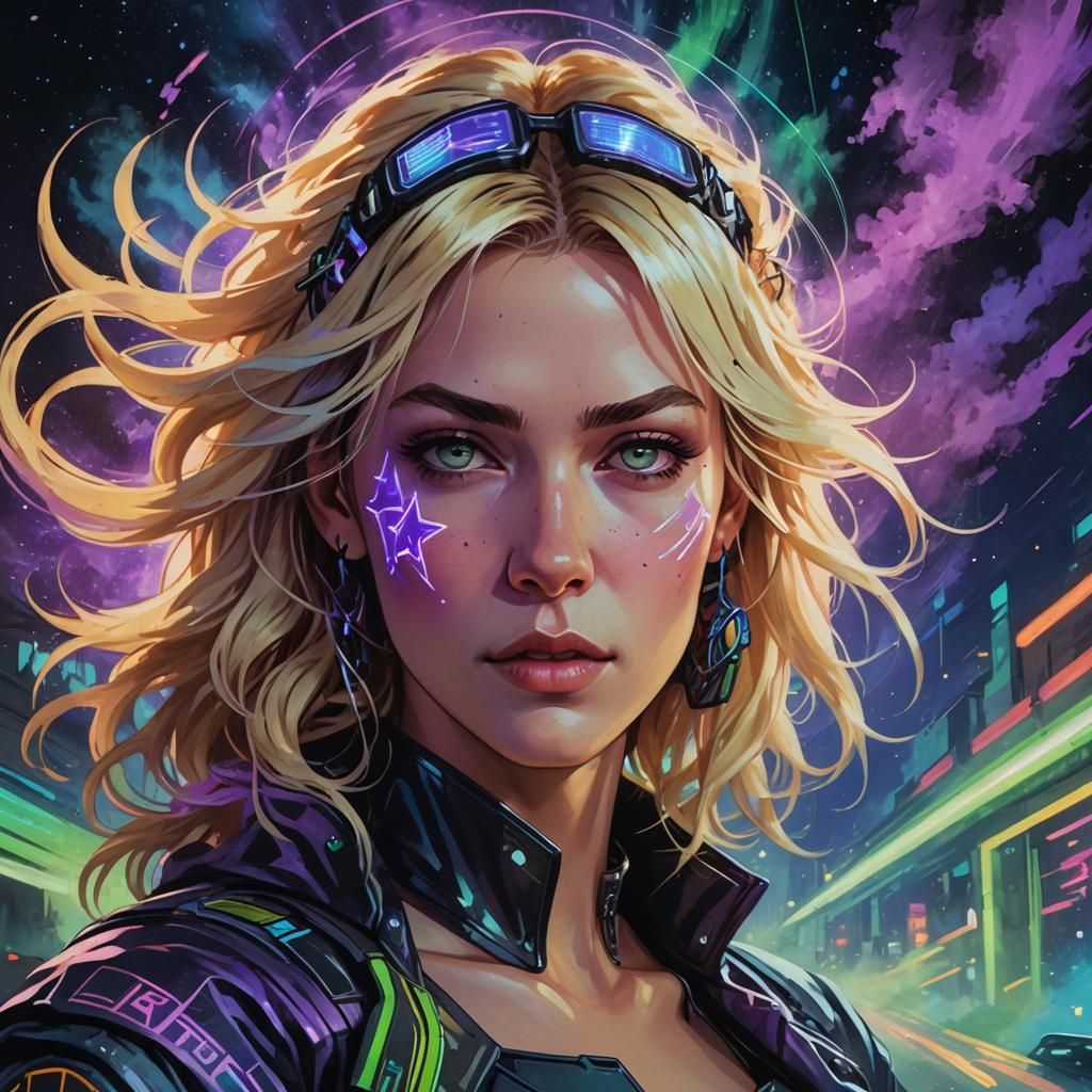 Blonde Woman Speeds Down Neon Quarter Mile in Cyberpunk Port...