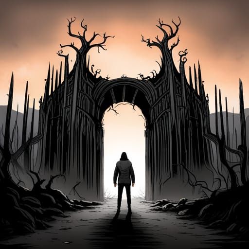Adventurer Stands Before Gates of Hell in Cyberpunk Style