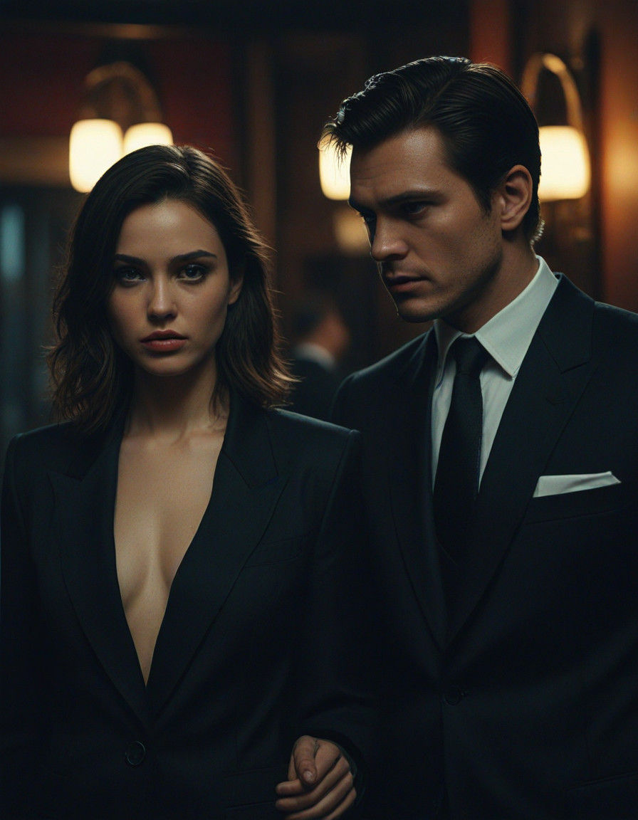 Mafia Couple in Dramatic, Dark Setting with Warm Shadows