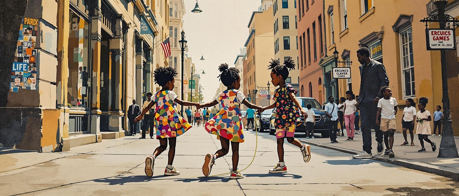 Children Skipping Rope in Expressive Collage Style