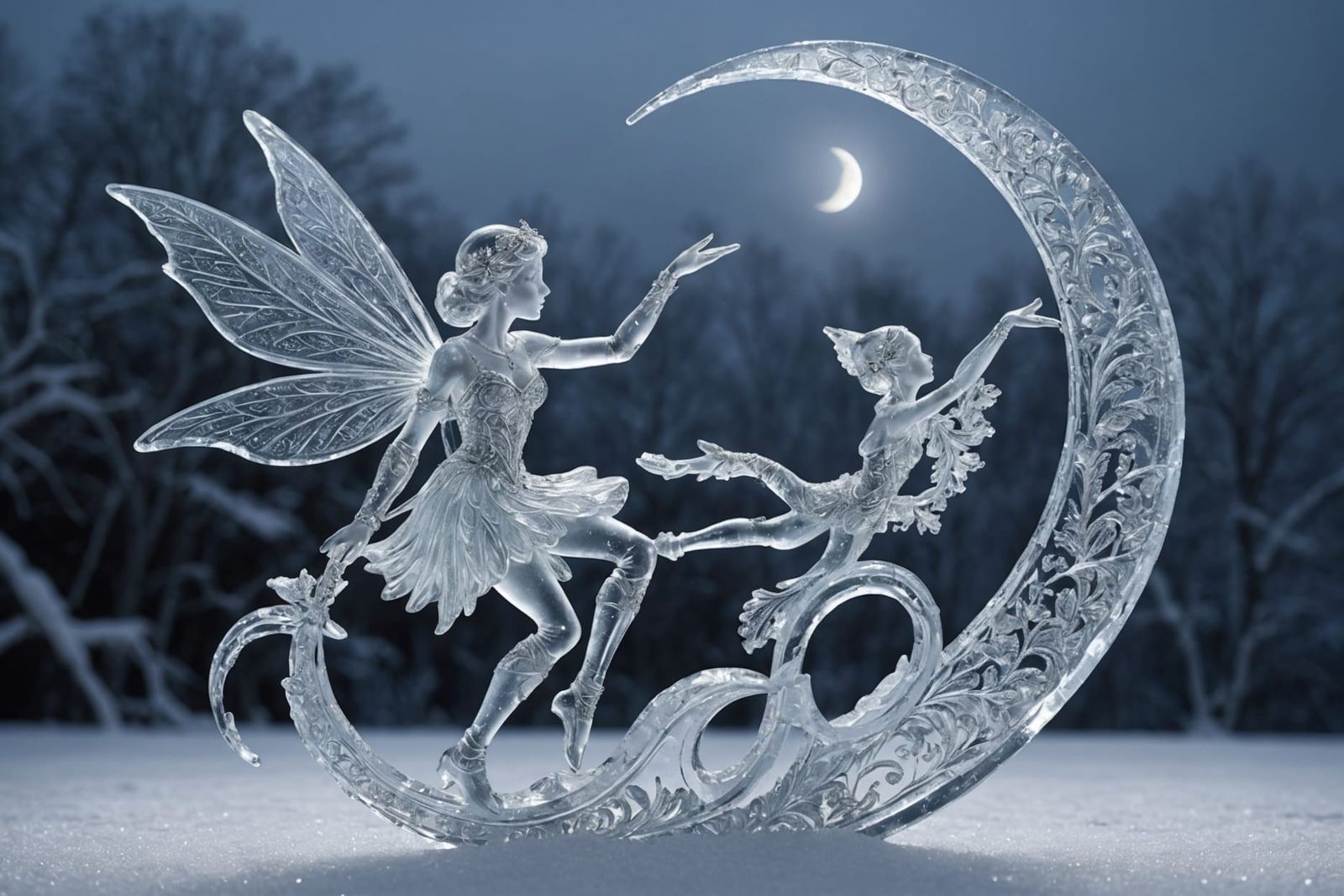 Surreal Ice Fairy Perches on Glowing Crescent Moon