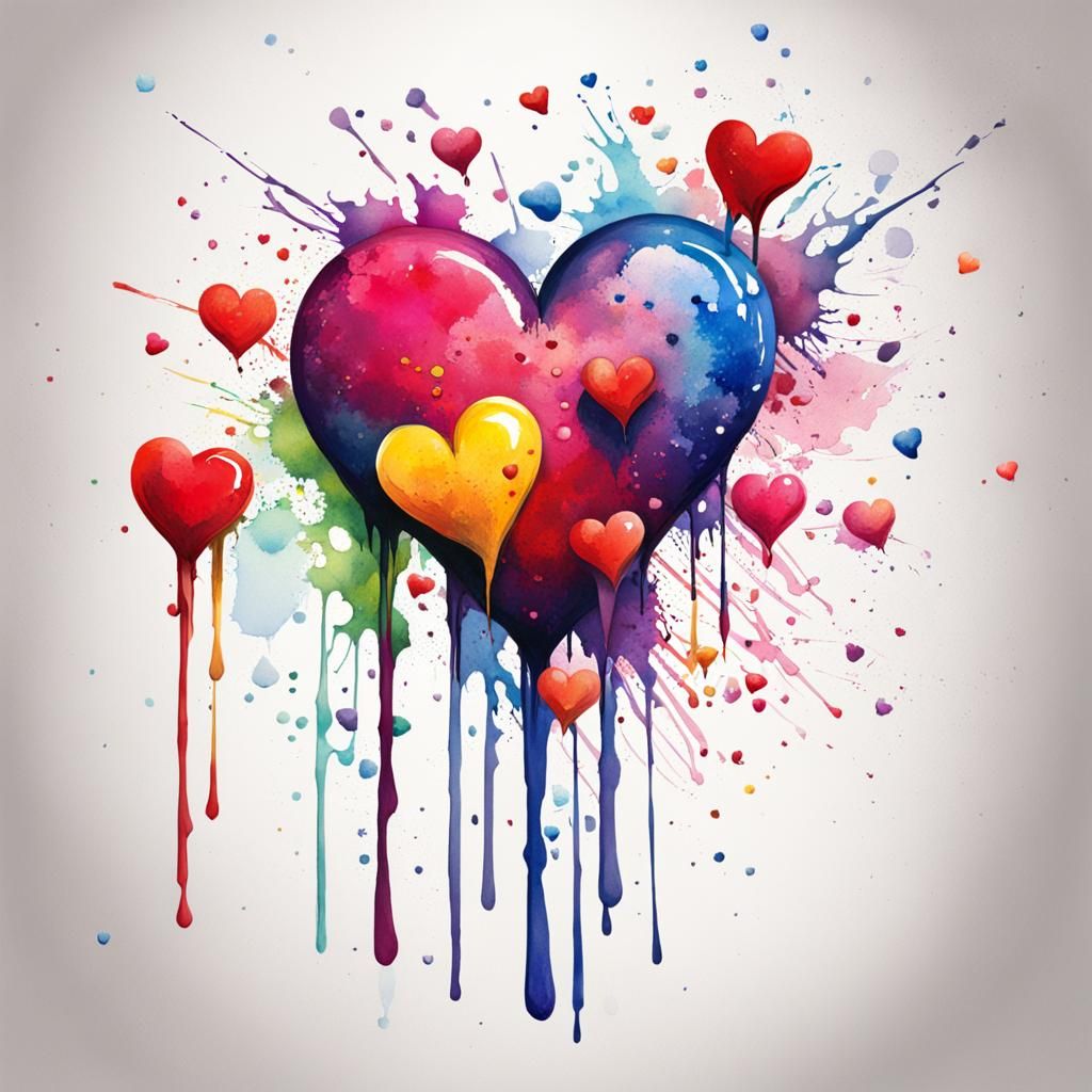 Vibrant Hearts in Intricate Watercolor Drips