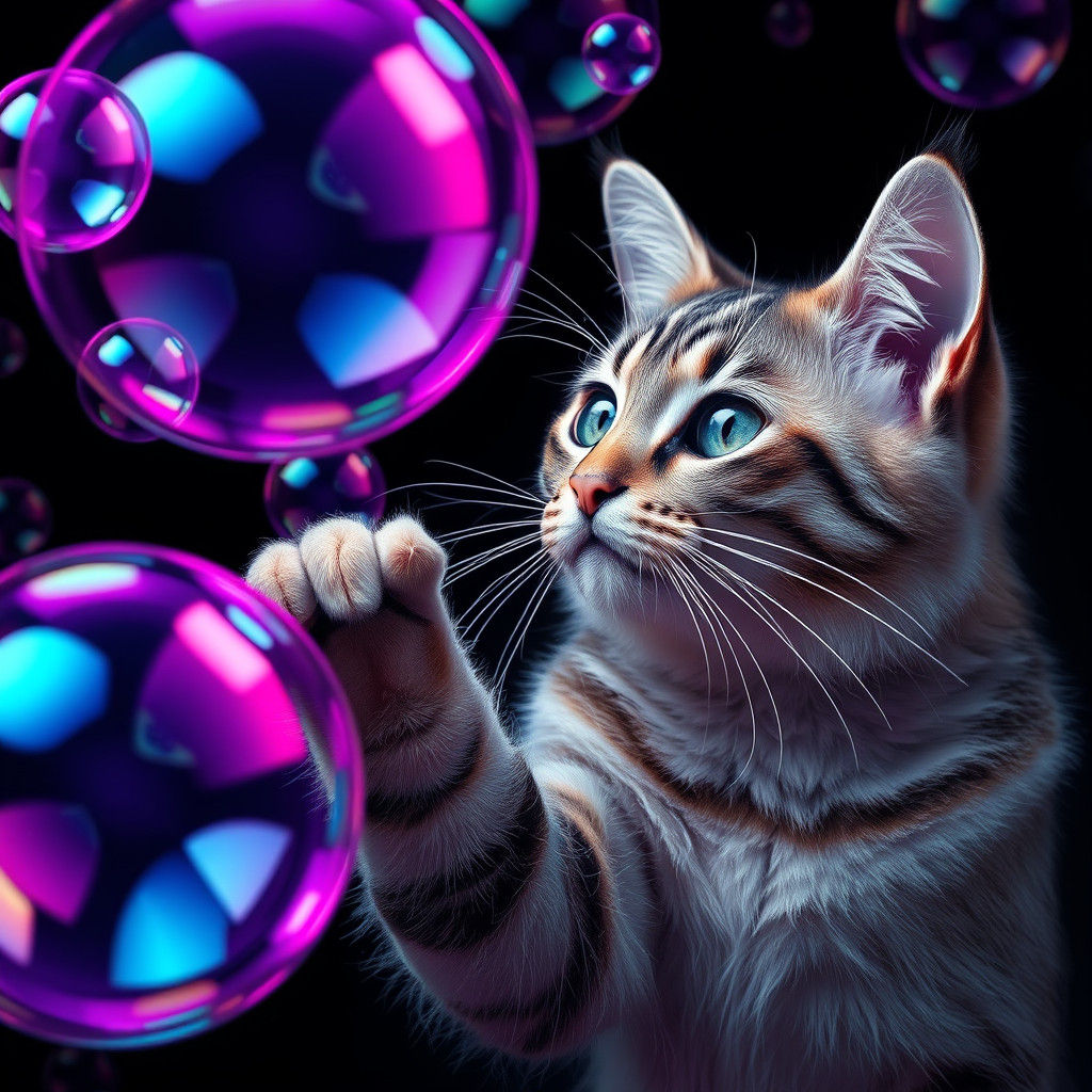 Silver Tabby Cat Mesmerized by Magenta Bubblegum Bubbles in...