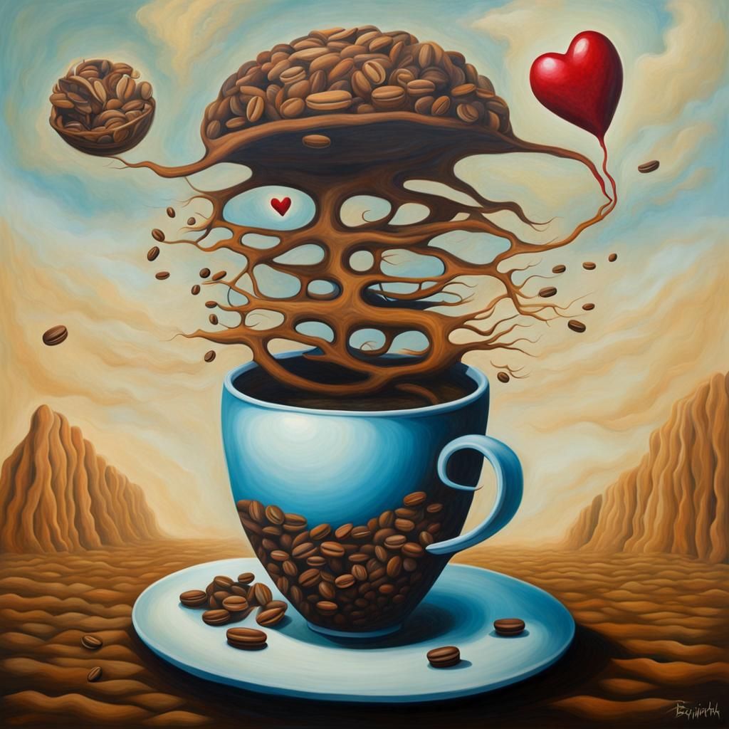Dreamlike Vision of Brainfish in a Whimsical Coffee Culture