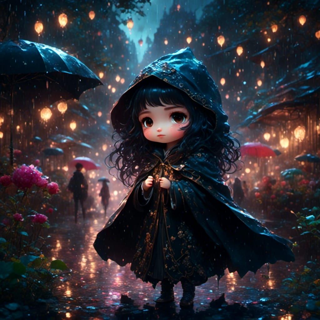 Mysterious Chibi Woman Surrounded by Smiling Faces in a Rain...
