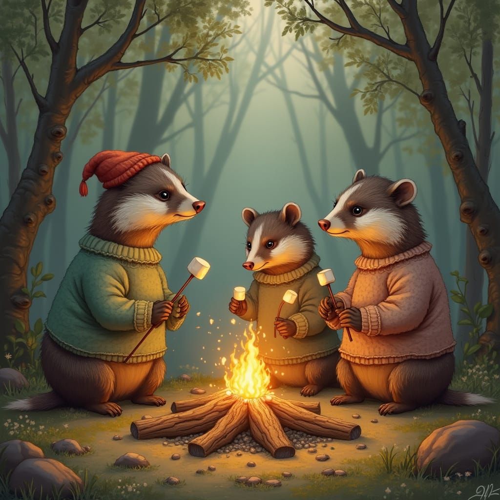 Badger Family Campfire in Whimsical Forest, Detailed Illustr...
