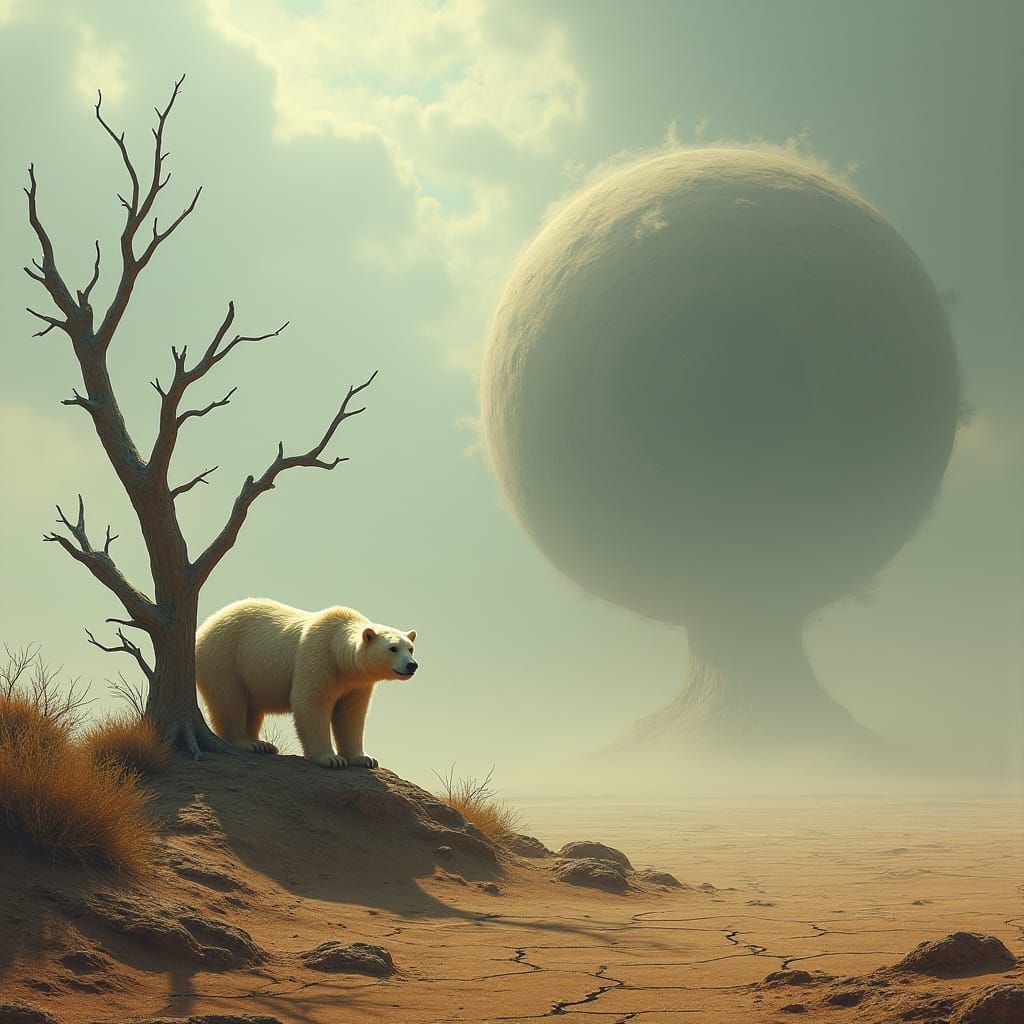 A Lone Polar Bear Stands Amidst the Last Oasis in a Barren,....