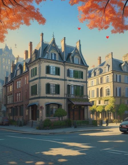 Whimsical Autumn Cityscape in Neo-Impressionist Style