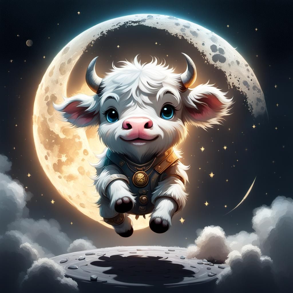 Chibi Cow Soars Over a Sparkling Moon