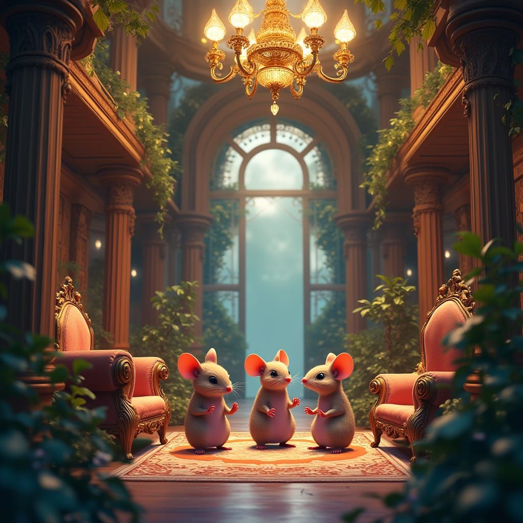 Whimsical Mouse Family in Lavish Fantasy Mansion