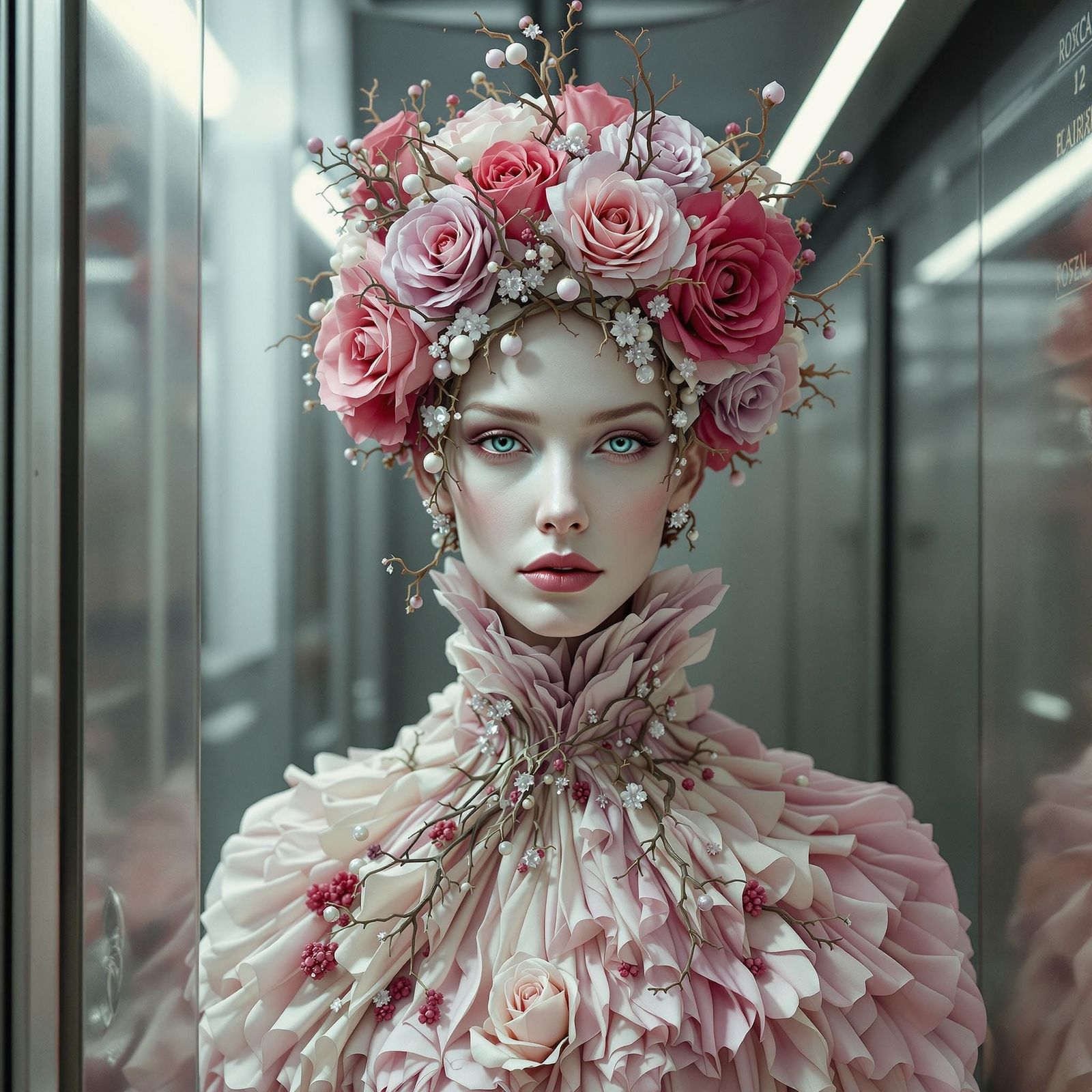 Regal Rose Entity Encased in Industrial Cooler, Exuding Sere...