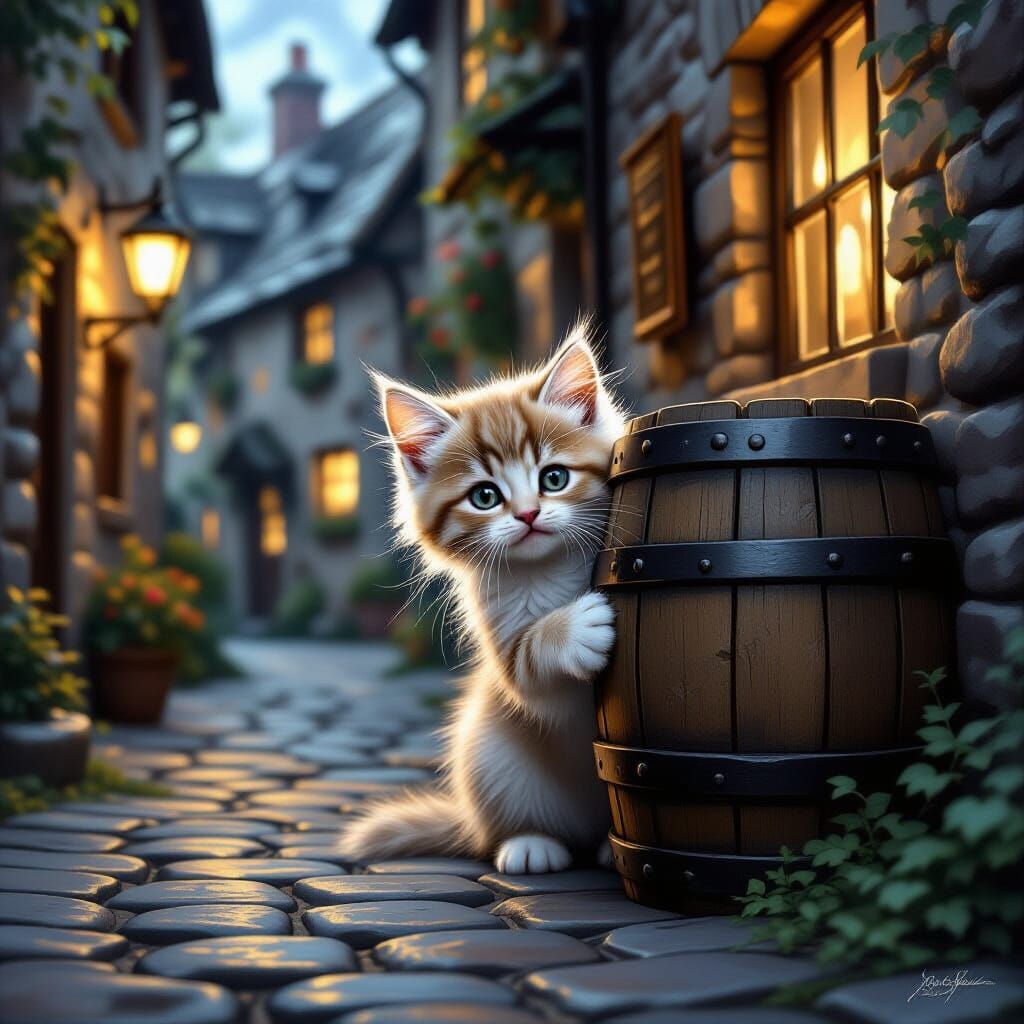 Cute Kitten Waits by Tavern in Cobblestone Alley