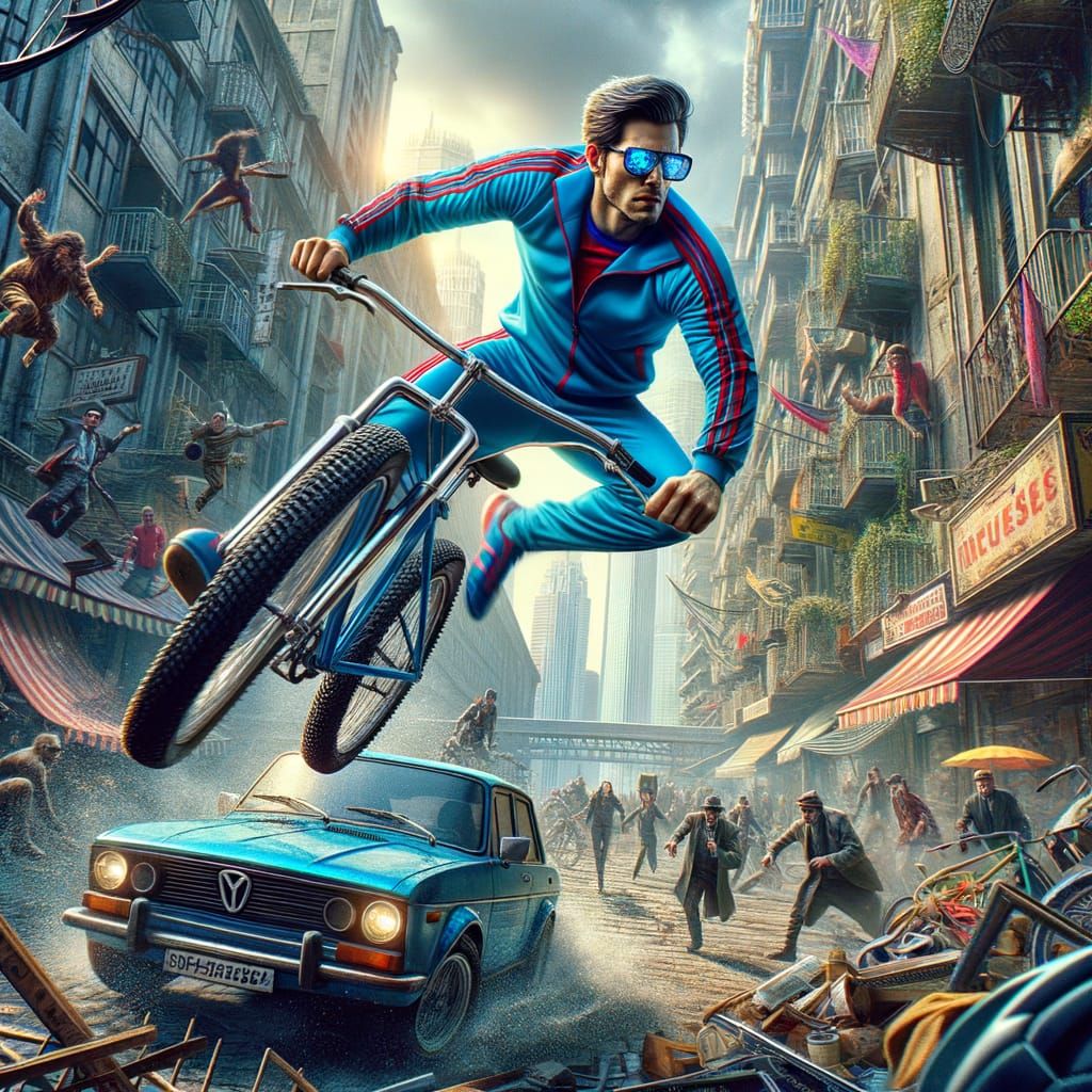 Soccer Player Leaps Car on Bicycle in Vibrant Urban Scene