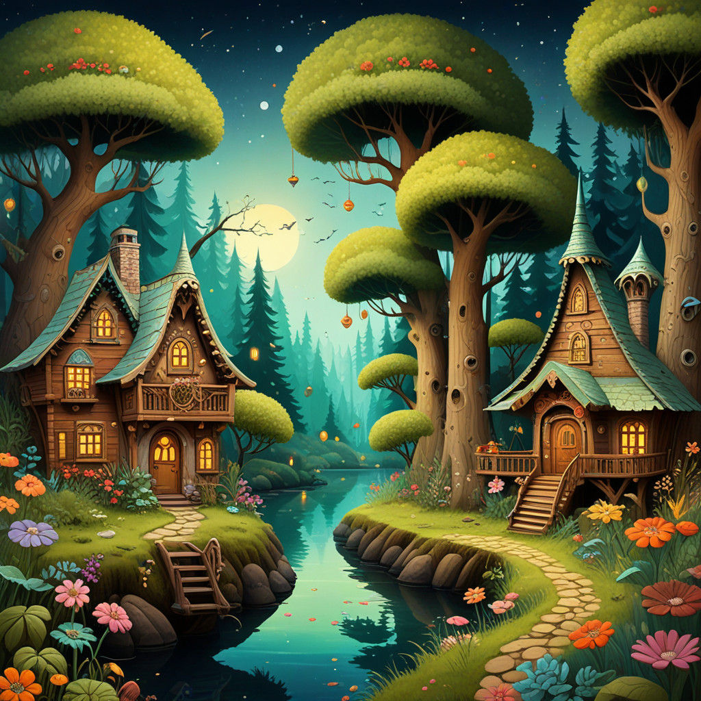 Towering Trees in Whimsical Folk Art Style