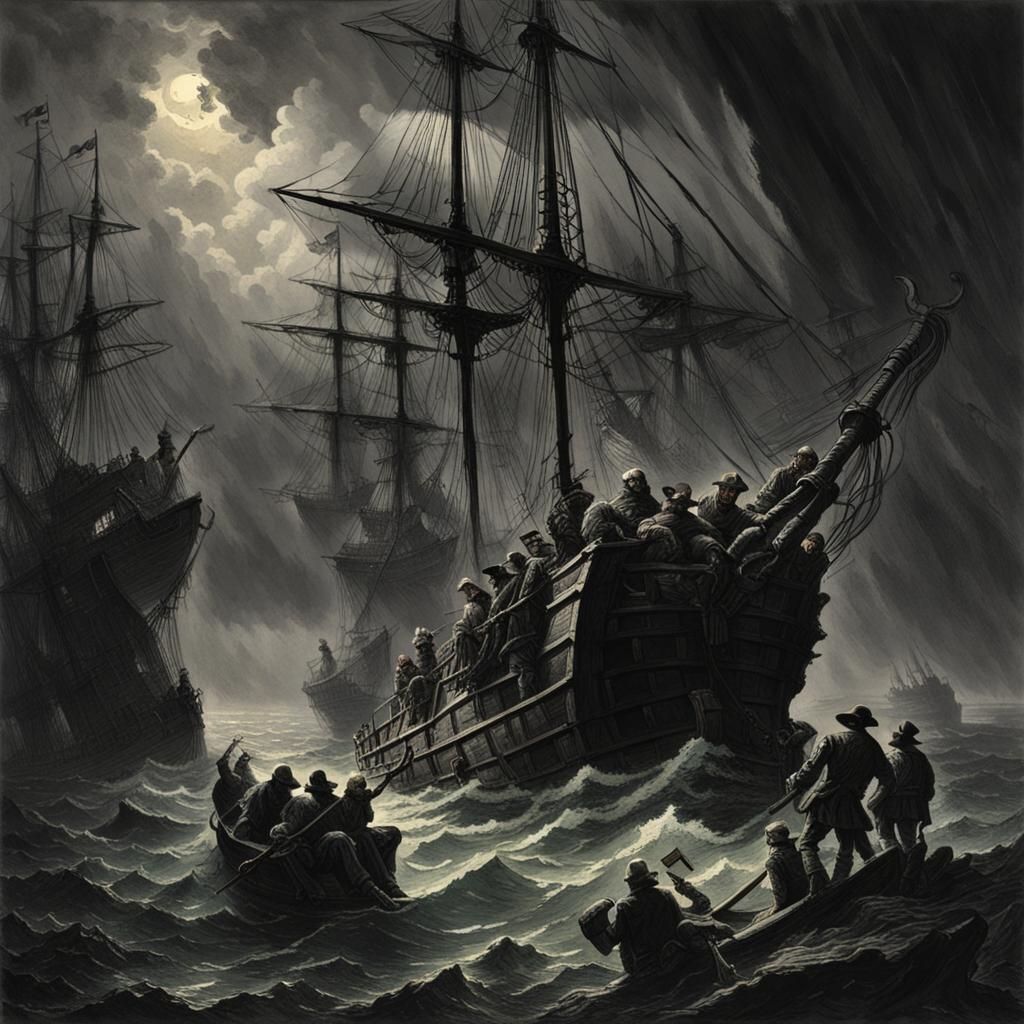 Dreadful 17th Century Pirate Crew Adrift in a Hellish Storm