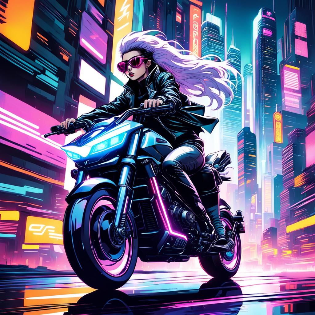 Cyberpunk Anime Motorcycle Girl Speeding Through Neon City