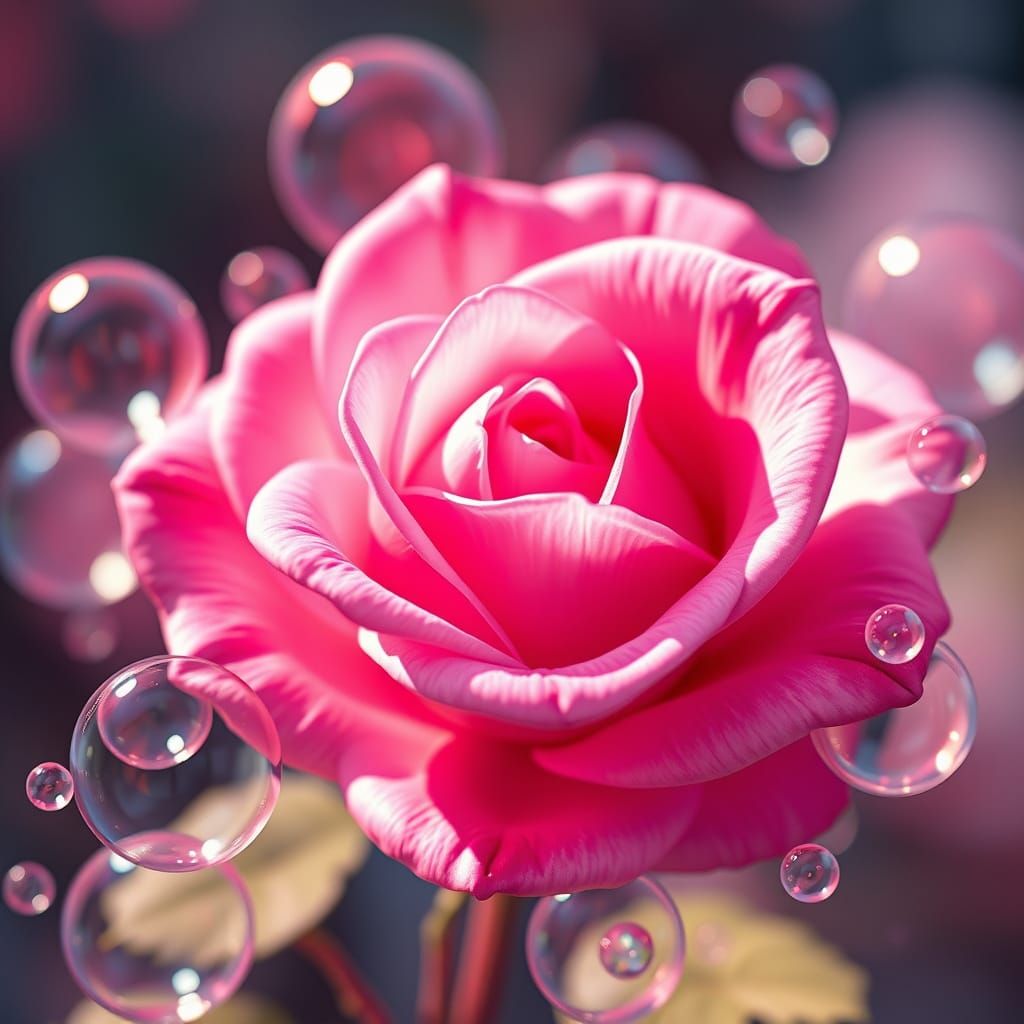 Pink Rose Surrounded by Shimmering Bubbles in 3D Anime Style