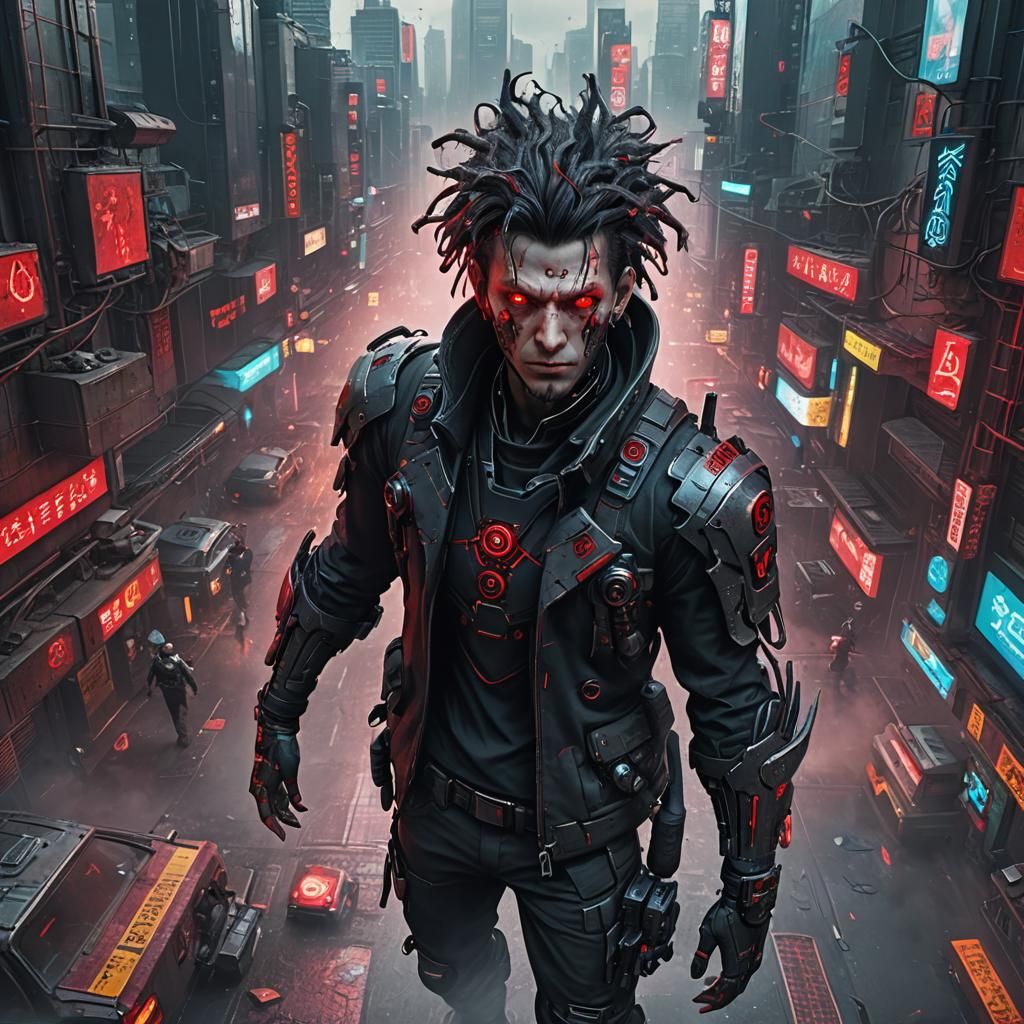 Cyberpunk Men in Intense, Red-Lit Environments