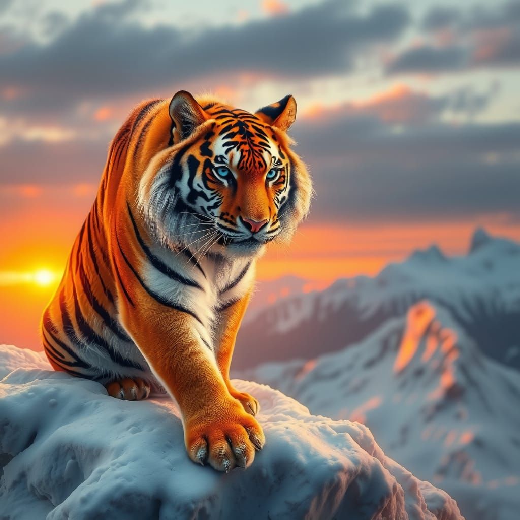 Regal Siberian Tiger Surveys Snowy Domain in Golden Light