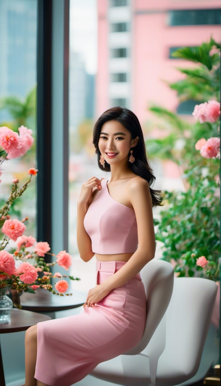 Asian Woman in Pink Dress, Smiling on Chair