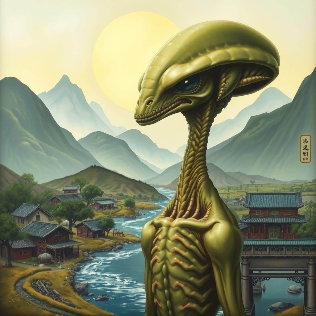 Vintage Oil Painting of an Alien in Chinese Landscape