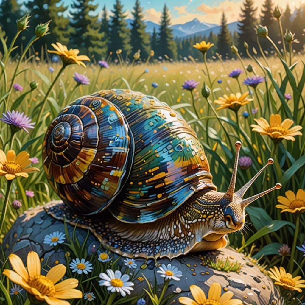 Whimsical Snail in Dewy Meadow with Cheetah Fur Shell