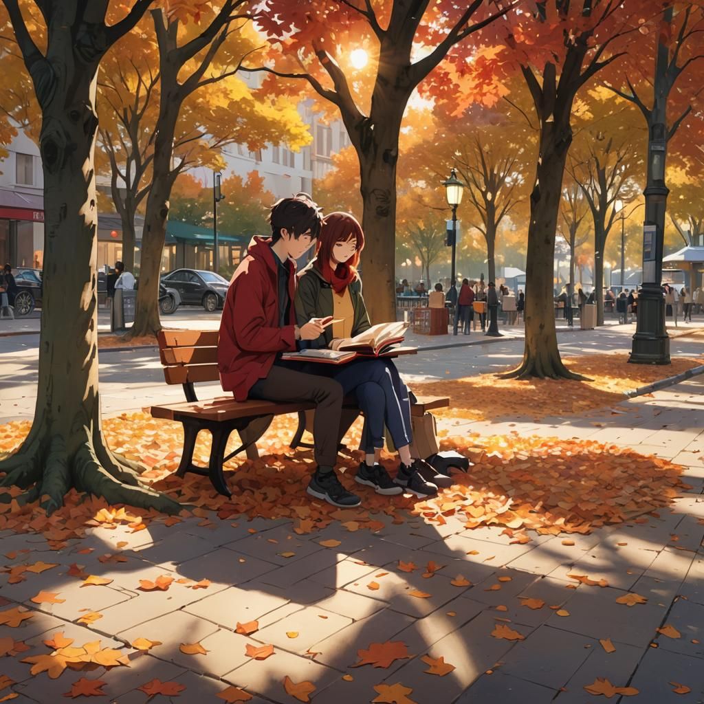 Softly Lit Autumn Scene of Young Couple in Tokyo Park