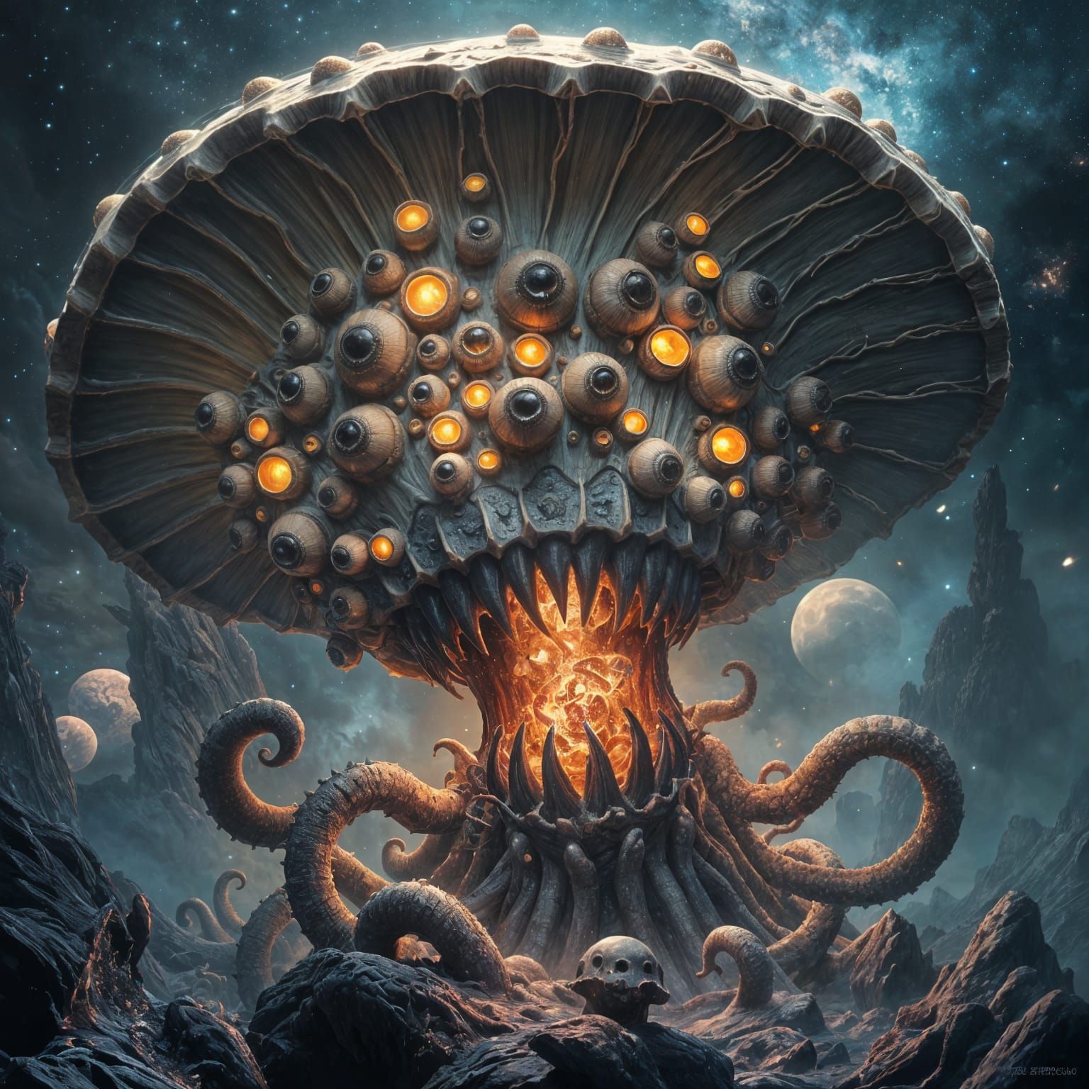 Eldritch Cosmic Horror Mushroom in Epic Nightmare Art
