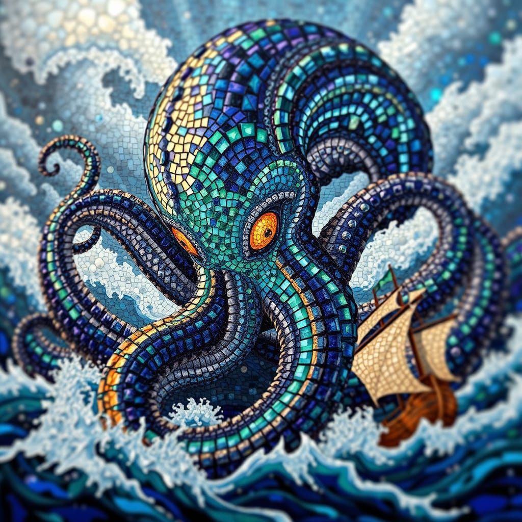 A dazzling, intricately detailed mosaic artwork of the legen...