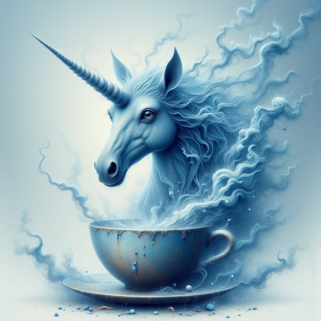 Blue Teacup Unicorn Spirit in Wet Brush Fantasy Style