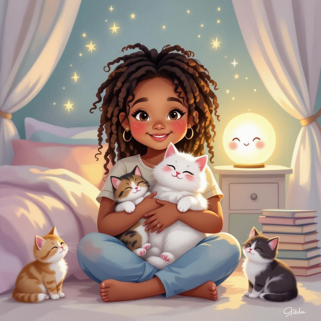 Girl Surrounded by Kittens, Watercolor Painting