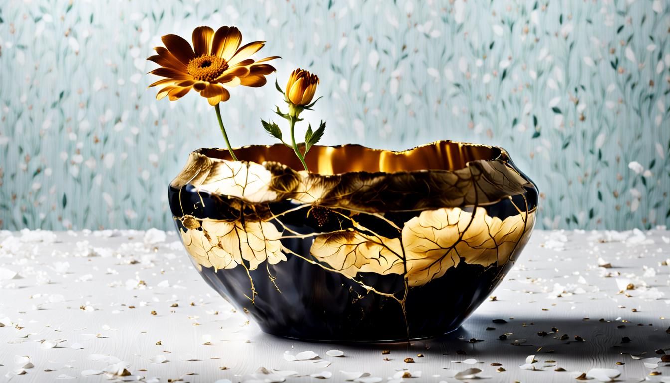 Ancient Vase Restored with Gold, Holding a Fading Blossom