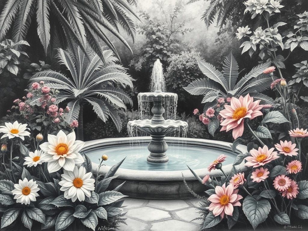 Nitram Charcoal Artistry, Flowers in a lush garden, middle fountain