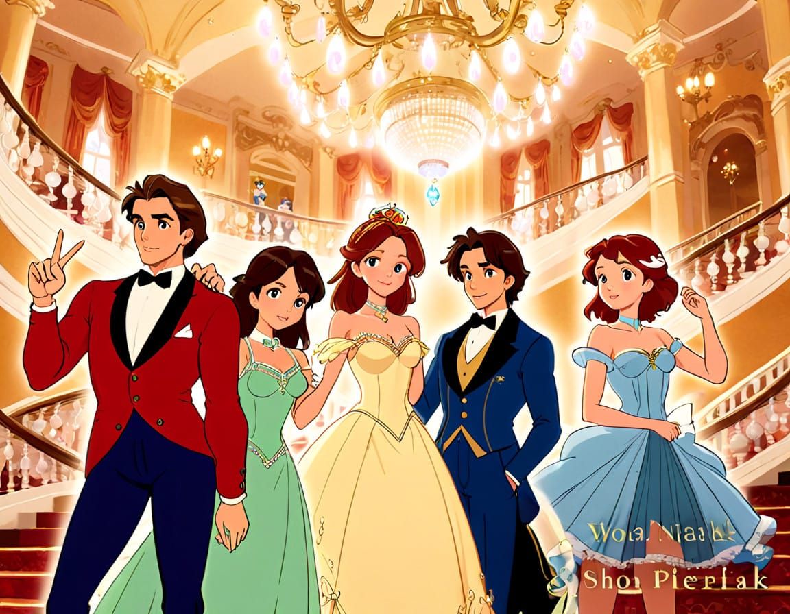 Regal Ballroom Beauty in Elegant High-Society Anime Style