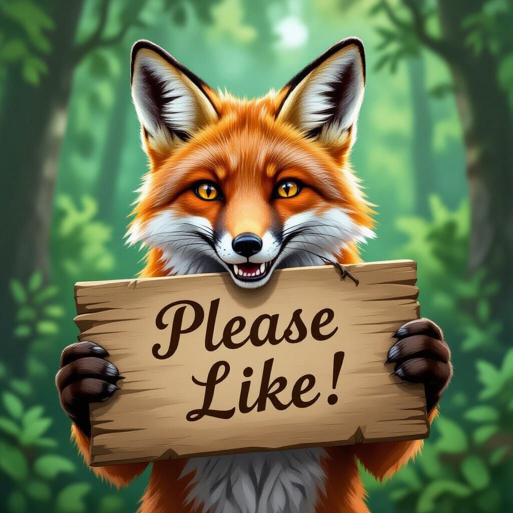 Fox Holds "Please Like!" Sign in Detailed Forest