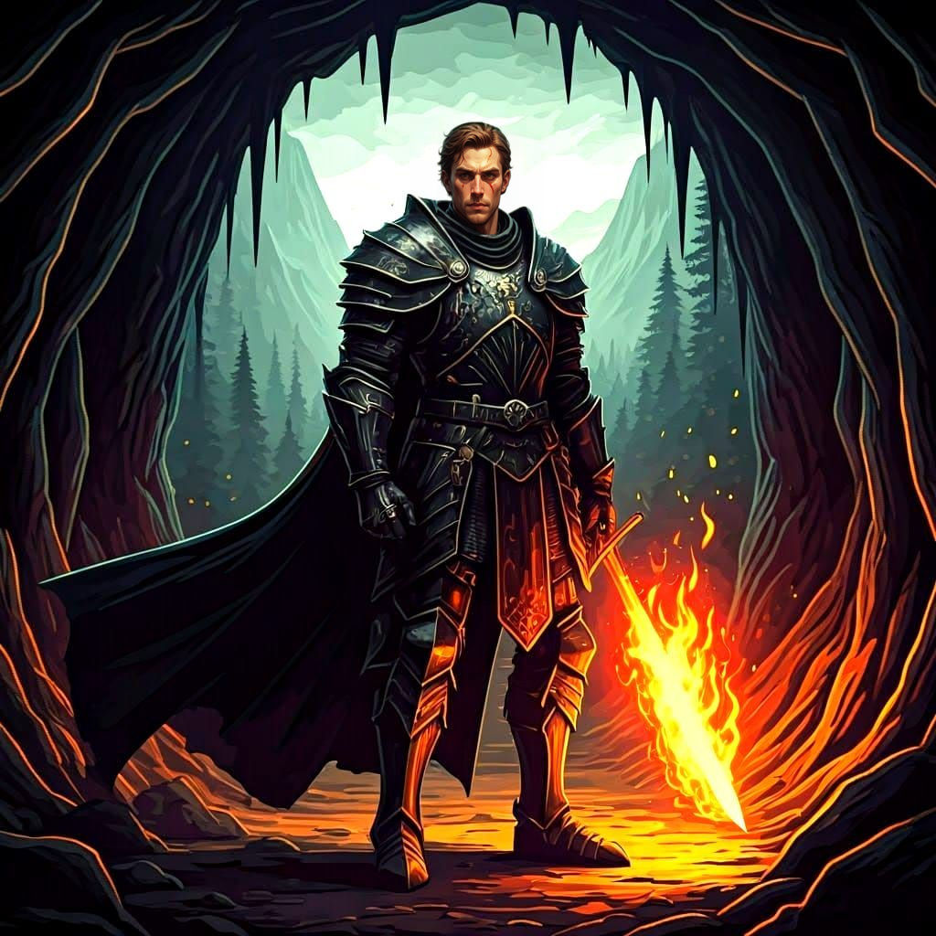 Dark Fantasy Warrior in Black Armor, Flaming Sword, and Cape