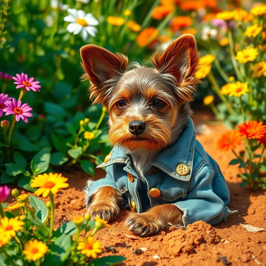 Brown Chinese Crested Dog in Garden, Wearing Faded Jean Jack...