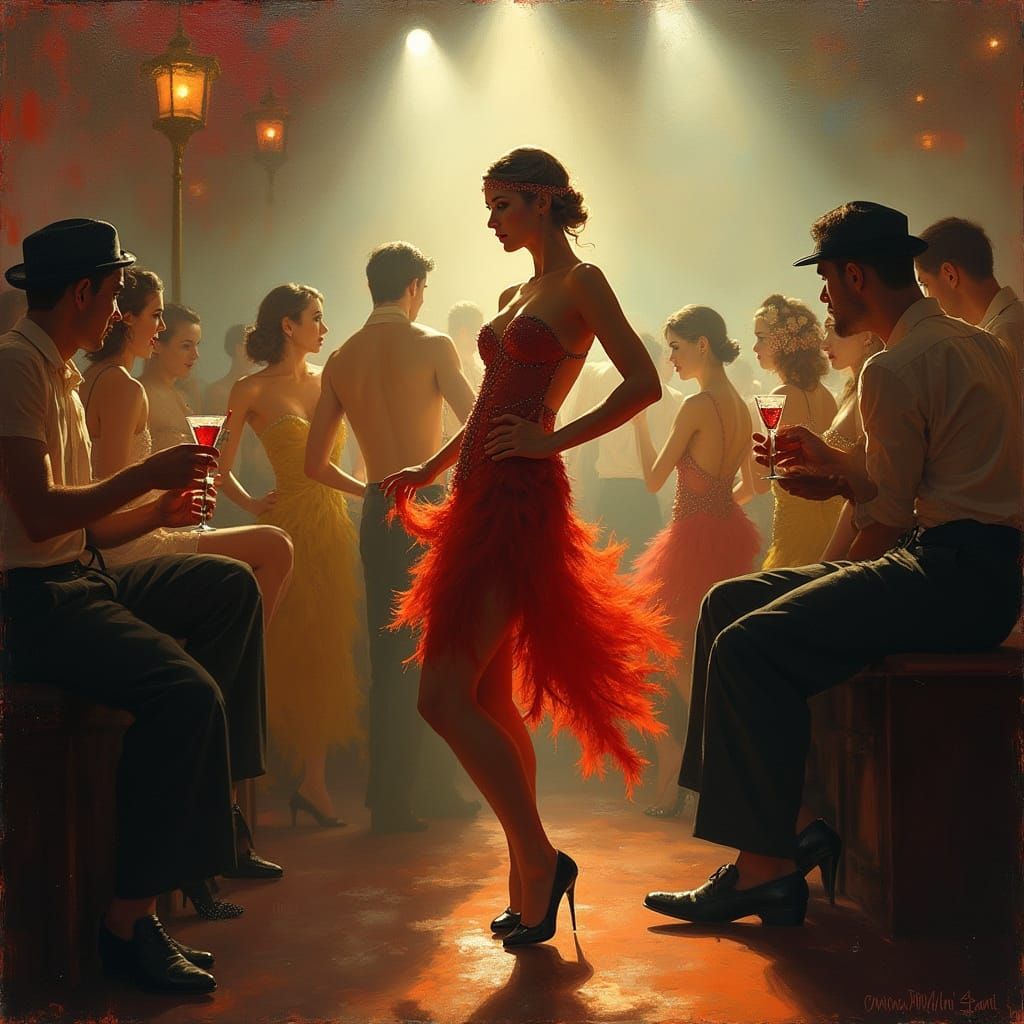 Energetic 1920s Cabaret Scene in Impressionist Style