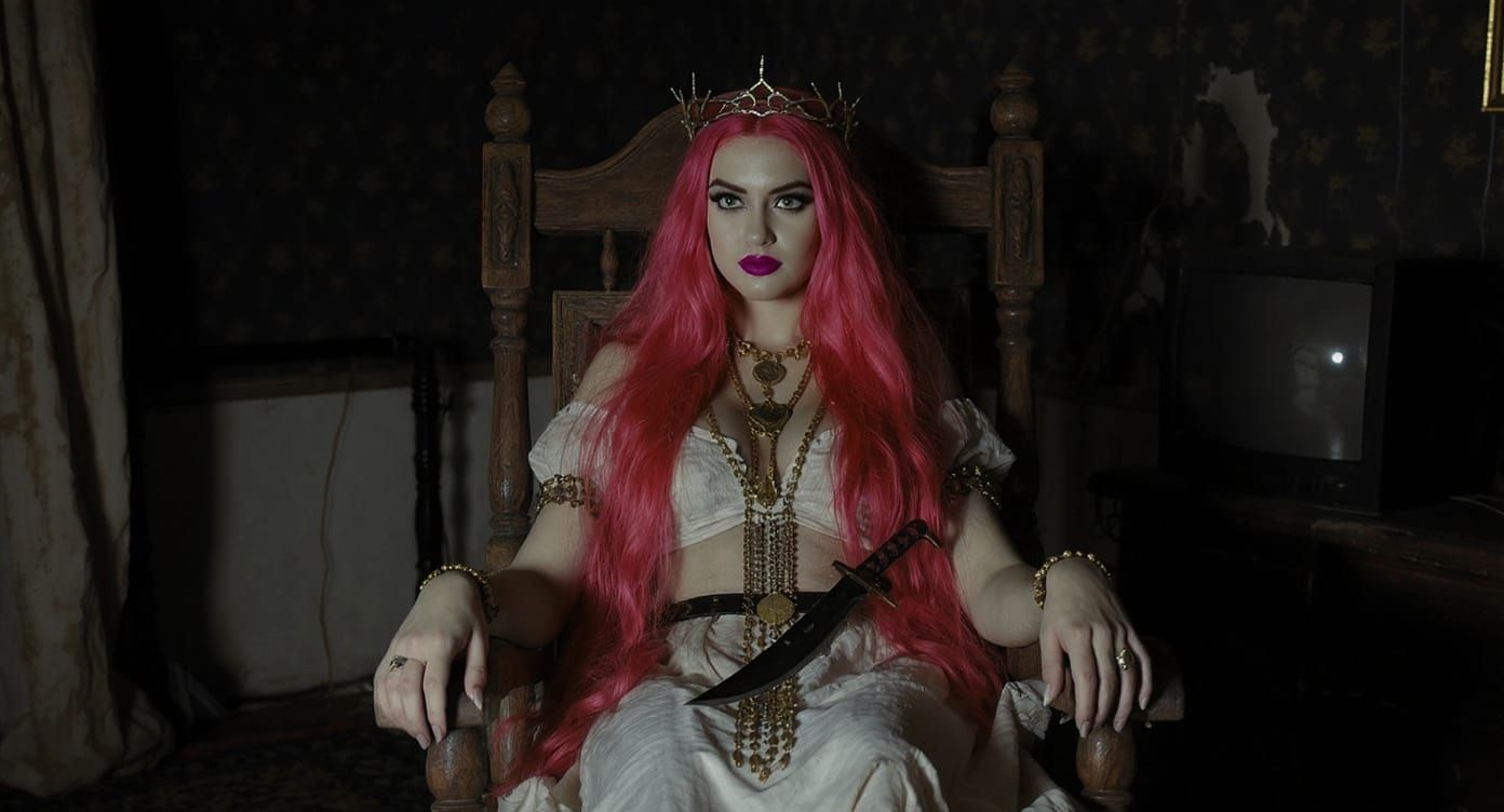 Queen With Pink Hair and Dagger in Naturalistic Photo