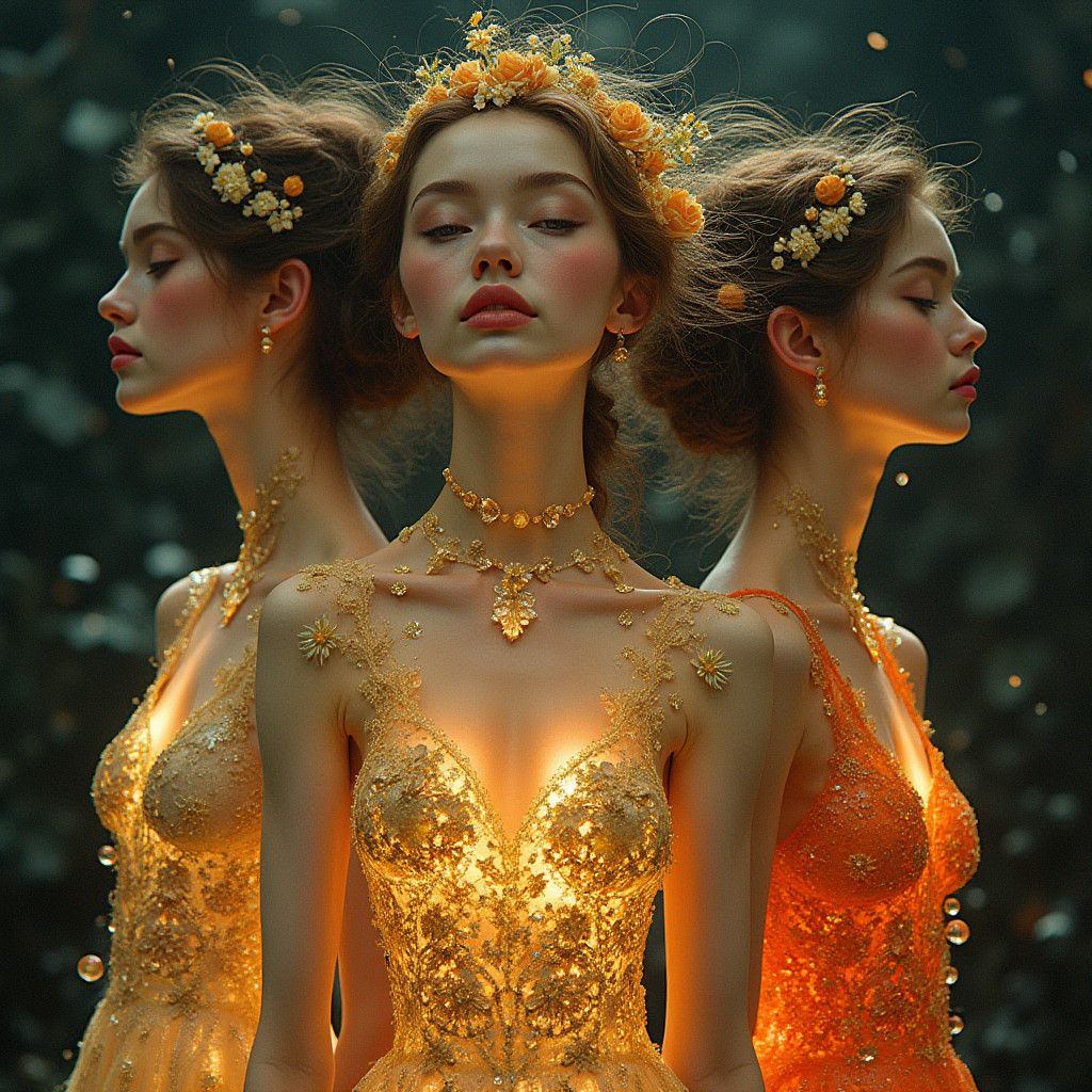 Goddess in Ethereal Attire before a Celestial Landscape