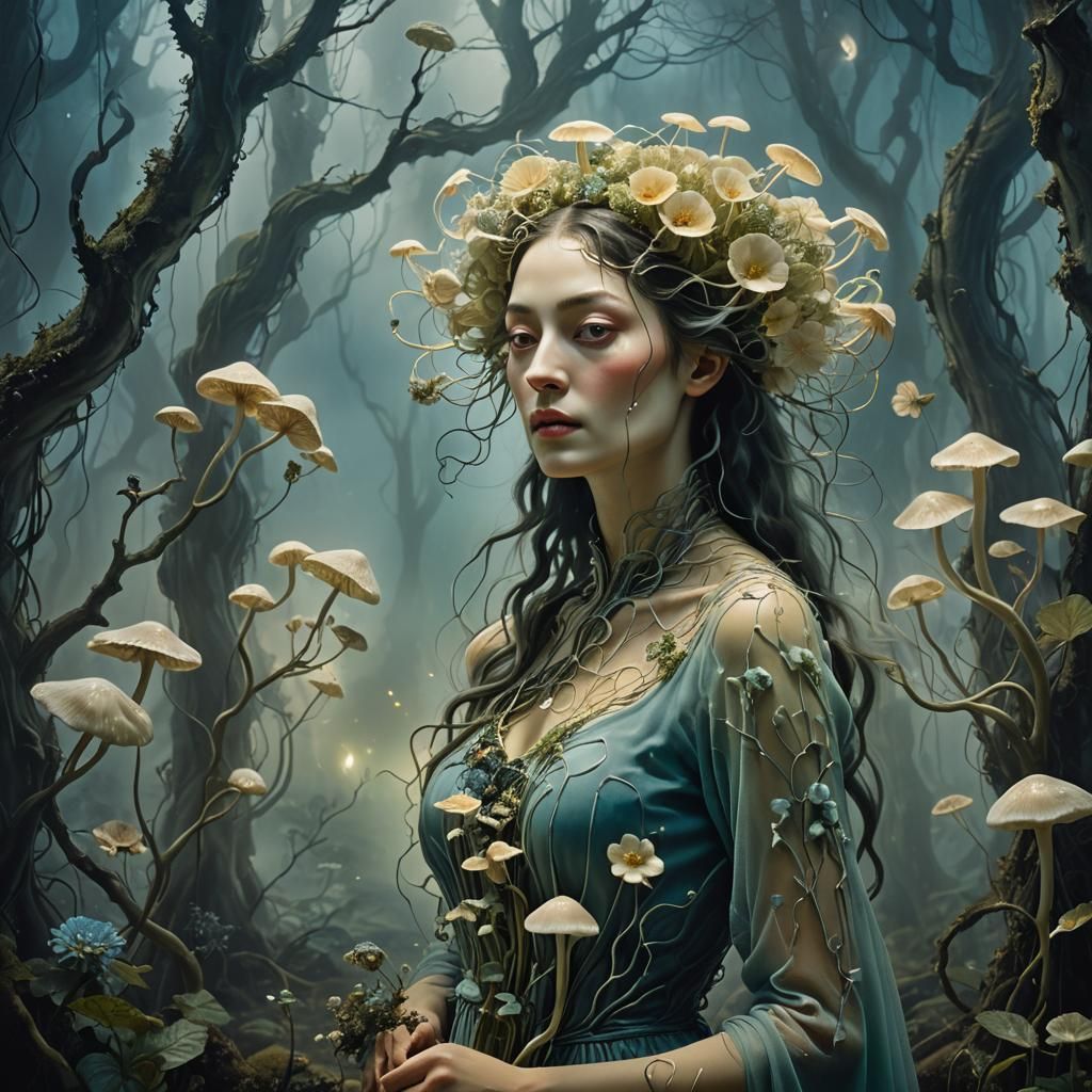 Surreal Oil Painting of a Mystical Woman in a Dreamlike Fore...