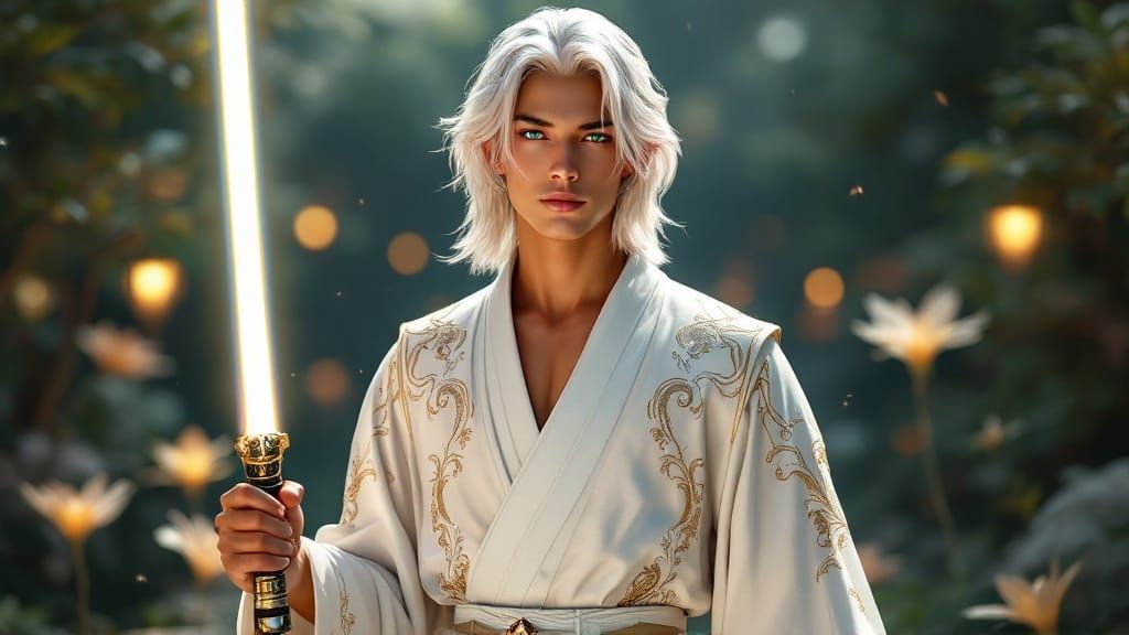 Serenely Confident Youth Stands in Mystical Japanese Garden
