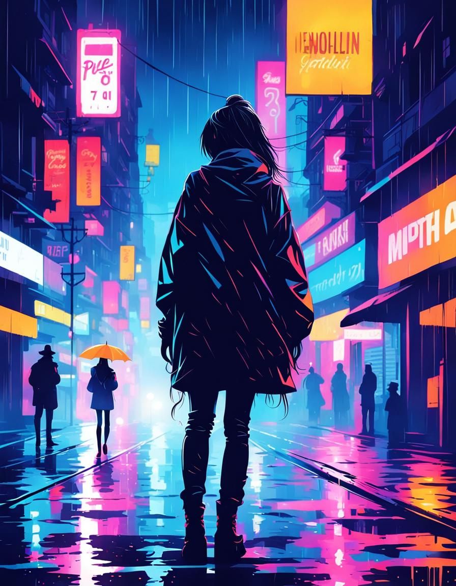 Rainy Night Cityscape in Neon Glow