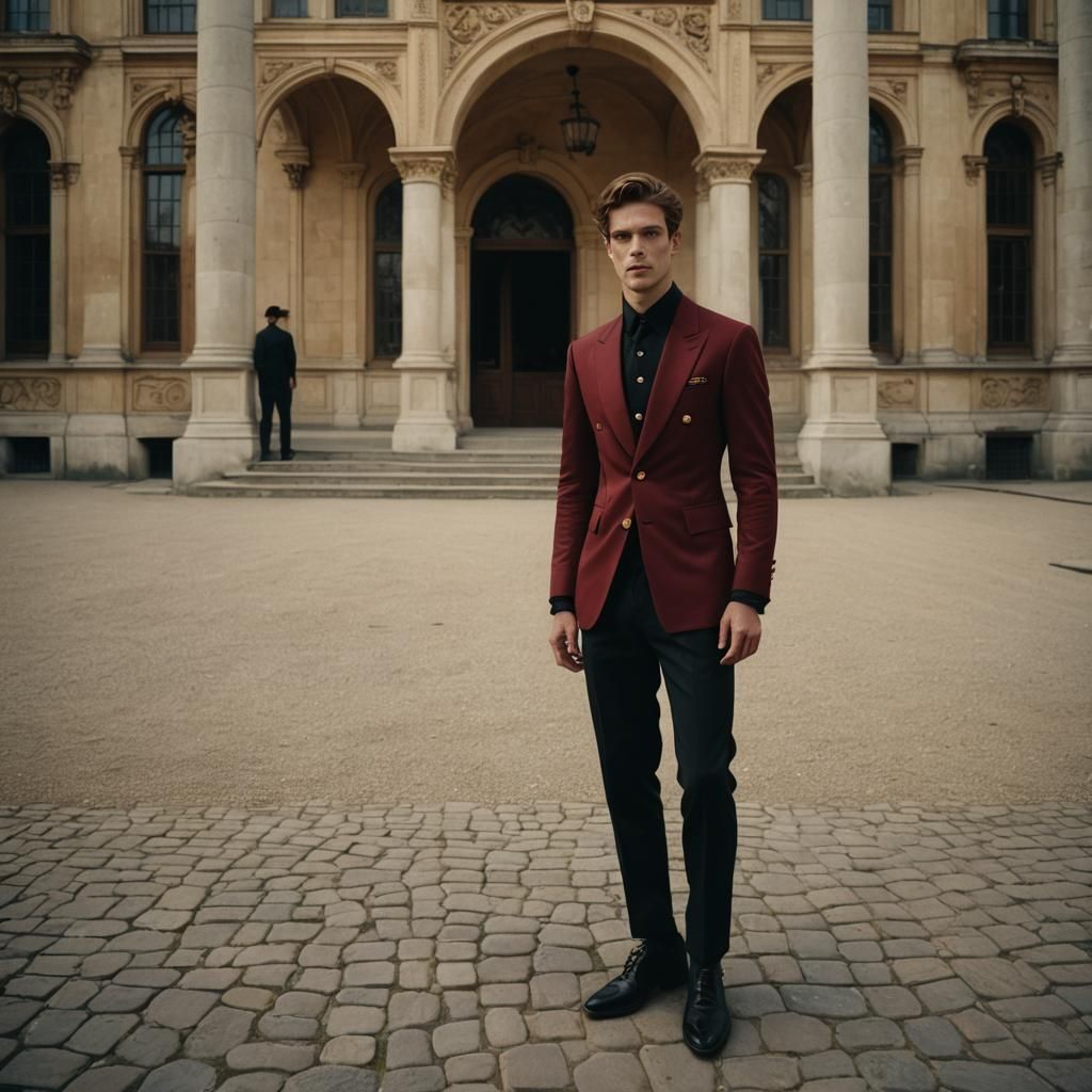 Regal Prince in Dark Red Attire, Palace Backdrop, Cinematic,...