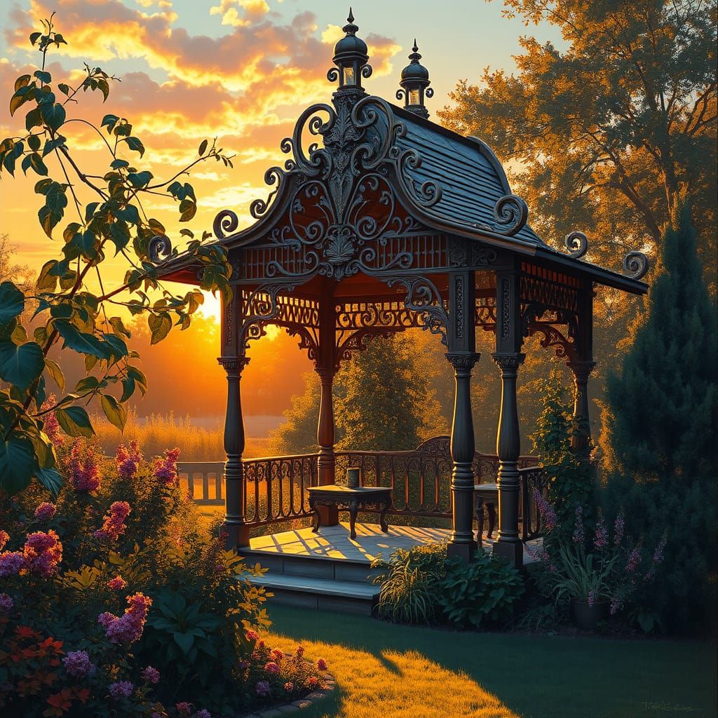 Ornate Love Shelter in Country Garden at Sunset