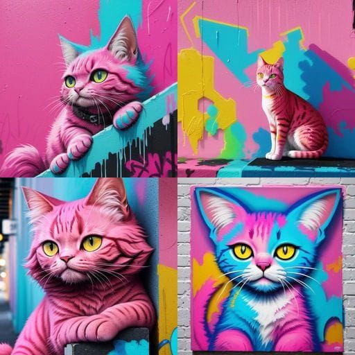 Pink Cat in Vibrant Graffiti Splash Art Style