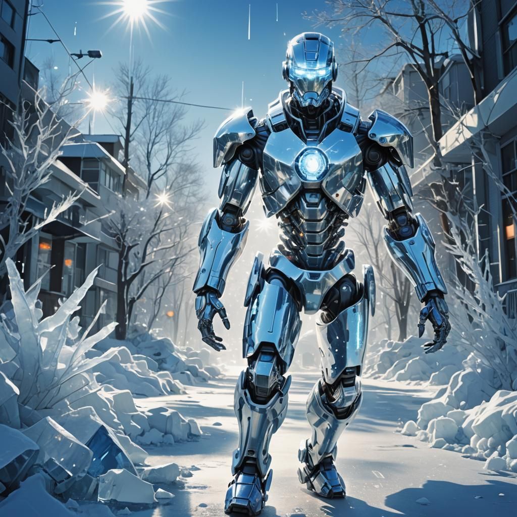 Cyborg Walking Through Glowing Winter Landscape in Blue Silv...