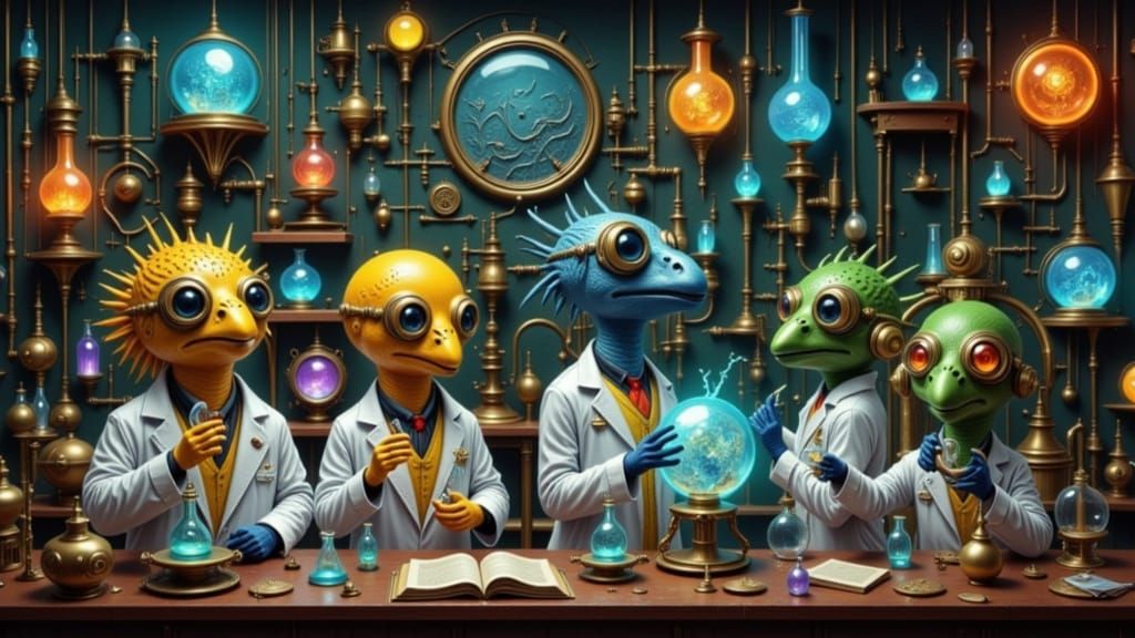 Steampunk Platypus Scientists in a Futuristic Laboratory