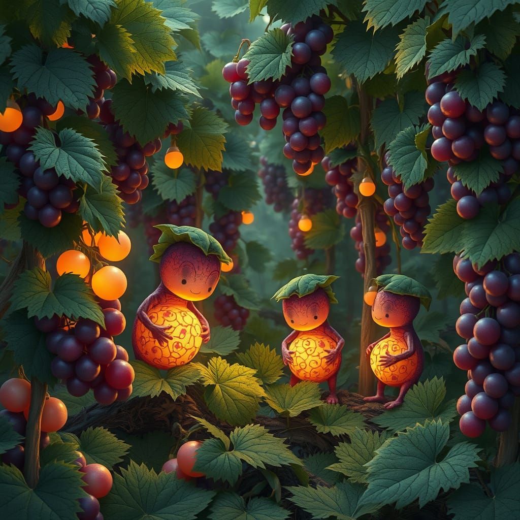 Whimsical Grape Creatures Tend to Lush Vineyard in Dreamlike...