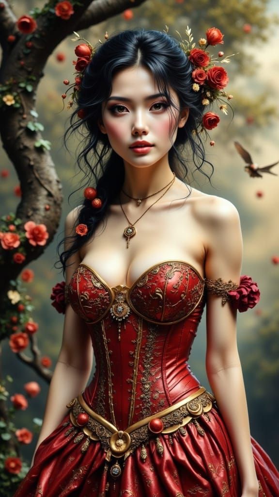 Woman in Corset Gown with Gold and Lights